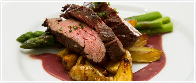 Bavette Steak With Beurre Rouge Sauce, New Potatoes & Asparagus