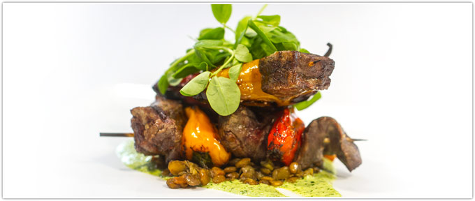 Beef & Sweet Pepper Kebobs With Salsa Verde & French Lentils