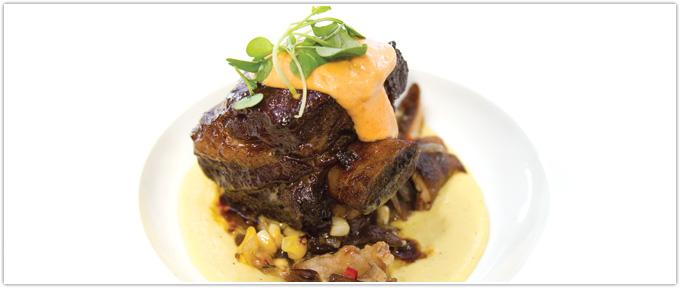 Braised Short Ribs With Corn Puree, Corn & Chanterelle Relish & Smoked Tomato Aioli