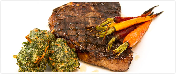 Coffee-Crusted T-Bone Steak, Honey Glazed Ginger Carrots