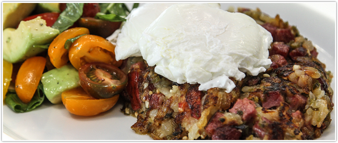 Corned Beef Hash With Poached Eggs & Tomato-Avocado Salad