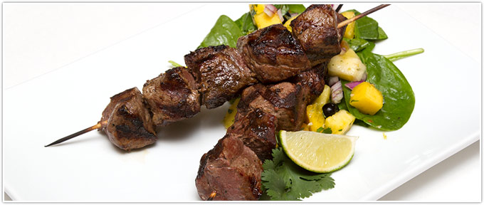 Fiesta Tropical Fruit Salad With Grilled Beef Skewers