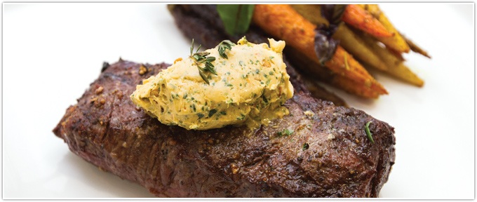 Grilled Flat Iron With Coriander-Rubbed Carrots & Chili-Gorgonzola Butter