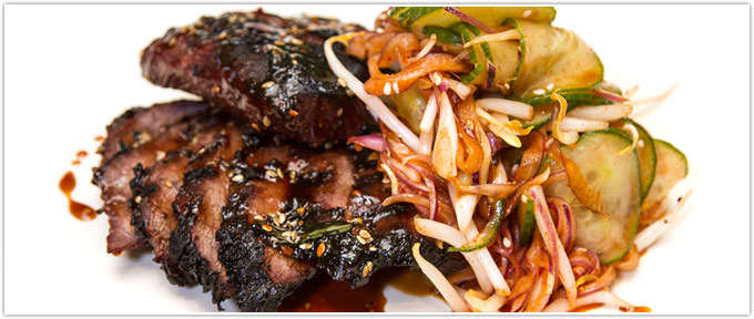 Kalbi-Marinated Flat Iron Steaks With Cucumber Kimchee