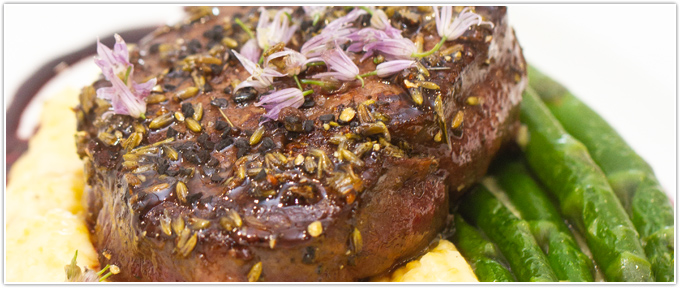 lavender-honey-glazed-filets-with-white-cheddar-grits-blanched-asparagus-and-blueberry-gastrique