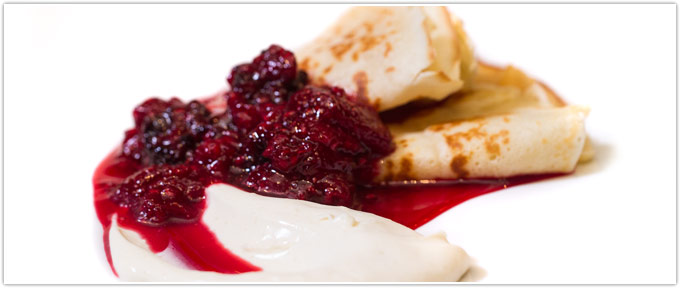 Macadamia Nut Crepes With Berry Reduction & Lemon-Infused Crème