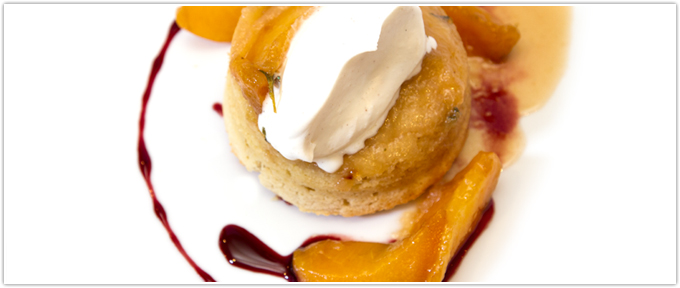 Maple-Peach Upside Down Cake With All Spice & Brandy Crème Fraîche