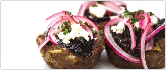 Mini Bison Meatloaves With Blueberry BBQ Sauce, Goat Cheese & Pickled Red Onion