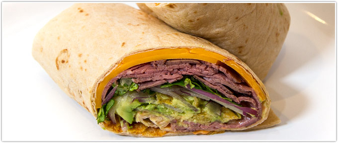 Roast Beef Wraps with Avocado, Cheddar and Sriracha Mayo