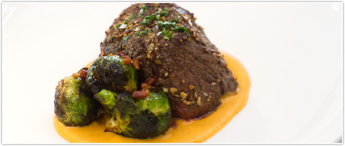 Rosemary & Pumpkin Seed-Crusted Filet With Chipotle Sweet Potato Puree