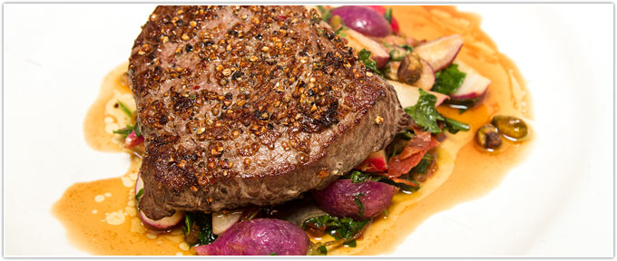 Steak Au Poivre With Sautéed Radishes & Pancetta