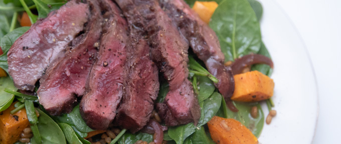 spinach-and-steak-salad-with-roasted-sweet-potatoes-and-farro