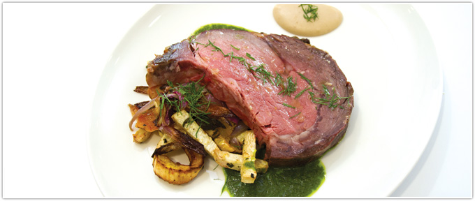 Standing Rib Roast With Chestnut Cream, Roasted Winter Vegetables & Parsley Purée