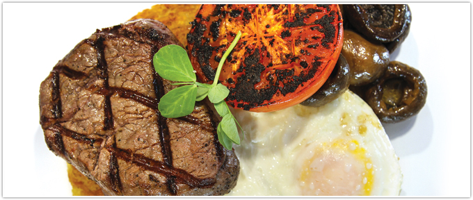 Steak & Eggs With Mushrooms & Charred Tomato