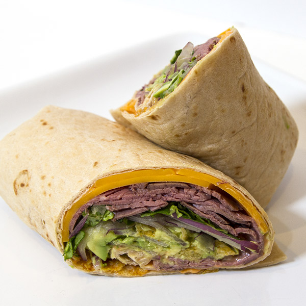Roast Beef Wraps with Avocado, Cheddar and Sriracha